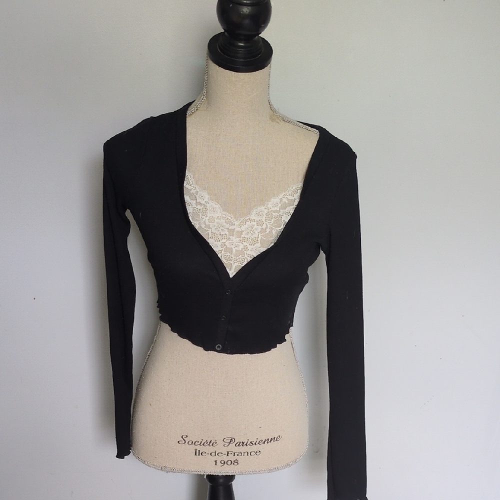 Shein Black Cropped Button Front Cardigan with Lace S